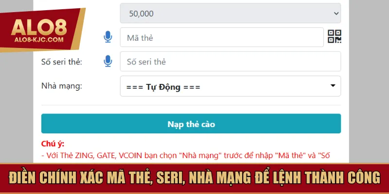 Điền chính xác mã thẻ, seri, nhà mạng để lệnh thành công